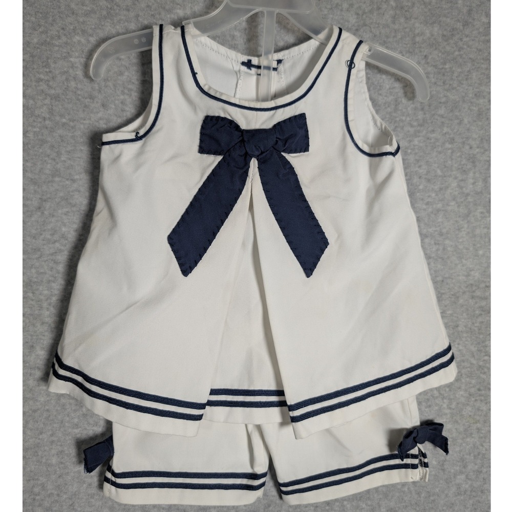 Good Lad Nautical Sailor Set White Navy Blue Bow Shorts 18M Toddler Girl Vintage